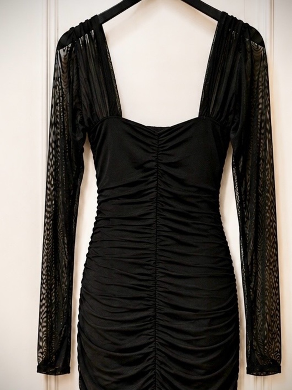 Black Ruched Mesh Sheer Sleeves Dress Dark Whimsigoth Quiet Luxury Feminine M - Picture 4 of 6